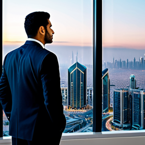 A professional Arab businessman in a modest, well-tailored dark business suit, standing confidently in a modern, high-tech office with large windows. The background features a sleek, contemporary Middle Eastern city skyline at dusk, with subtle architectural patterns visible indoors. He is observing a detailed holographic financial chart, signifying strategic investment and wealth building. Perfect anatomy, correct proportions, natural pose, well-formed hands, proper finger count, natural body proportions, professional photography, high resolution, safe for work, appropriate content, fully clothed, professional.