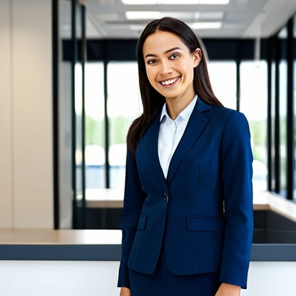 **
A professional businesswoman in a modest, dark blue business suit, standing confidently in a modern office lobby with glass walls and a reception desk. She is smiling slightly. Fully clothed, appropriate attire, safe for work. Perfect anatomy, correct proportions, natural pose. Professional photography, high quality, sharp focus. Background includes blurred office workers and modern art. Family-friendly.
**
