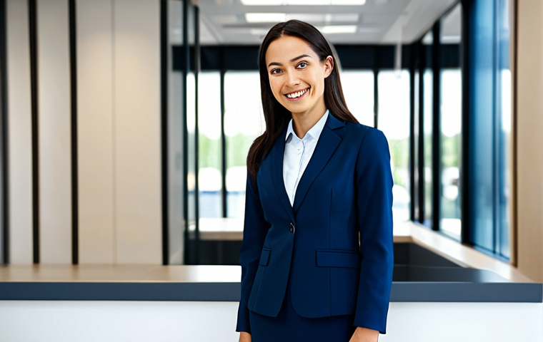 **
A professional businesswoman in a modest, dark blue business suit, standing confidently in a modern office lobby with glass walls and a reception desk. She is smiling slightly. Fully clothed, appropriate attire, safe for work. Perfect anatomy, correct proportions, natural pose. Professional photography, high quality, sharp focus. Background includes blurred office workers and modern art. Family-friendly.
**