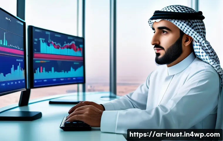 세금 감면을 위한 투자 시기 분석 - A professional Middle Eastern male investor in traditional attire (thobe and ghutra) sitting at a sl...