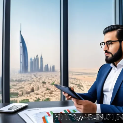 Home 33 세금 효율적인 자산 매각 타이밍 - A sophisticated Arabic businessman in a modern office setting, analyzing financial charts on multipl...