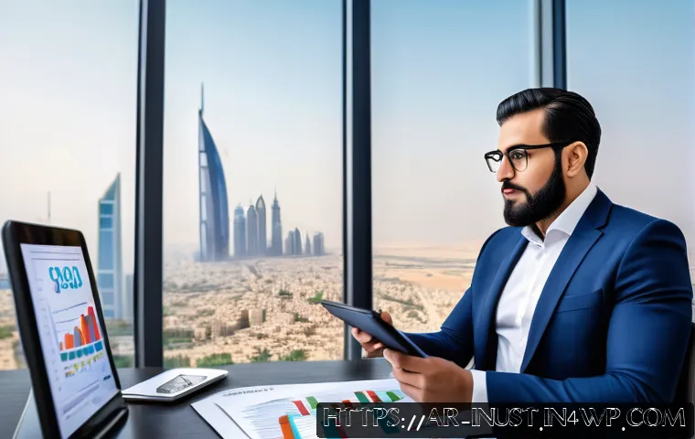세금 효율적인 자산 매각 타이밍 - A sophisticated Arabic businessman in a modern office setting, analyzing financial charts on multipl...