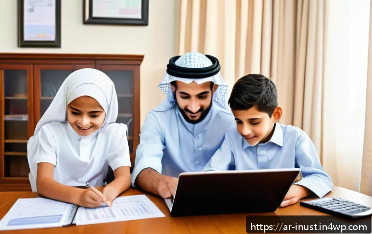 세금 절세를 위한 자녀 교육 자금 마련 - A modern Saudi family sitting together at a stylish living room table, reviewing financial documents...
