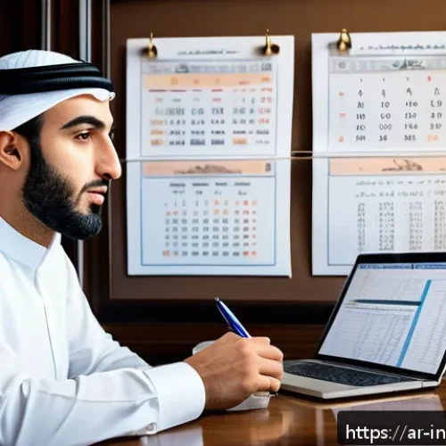 Home 17 부동산 세금 절세 전략 - A detailed, modern office scene showing an Arab real estate investor reviewing property tax document...